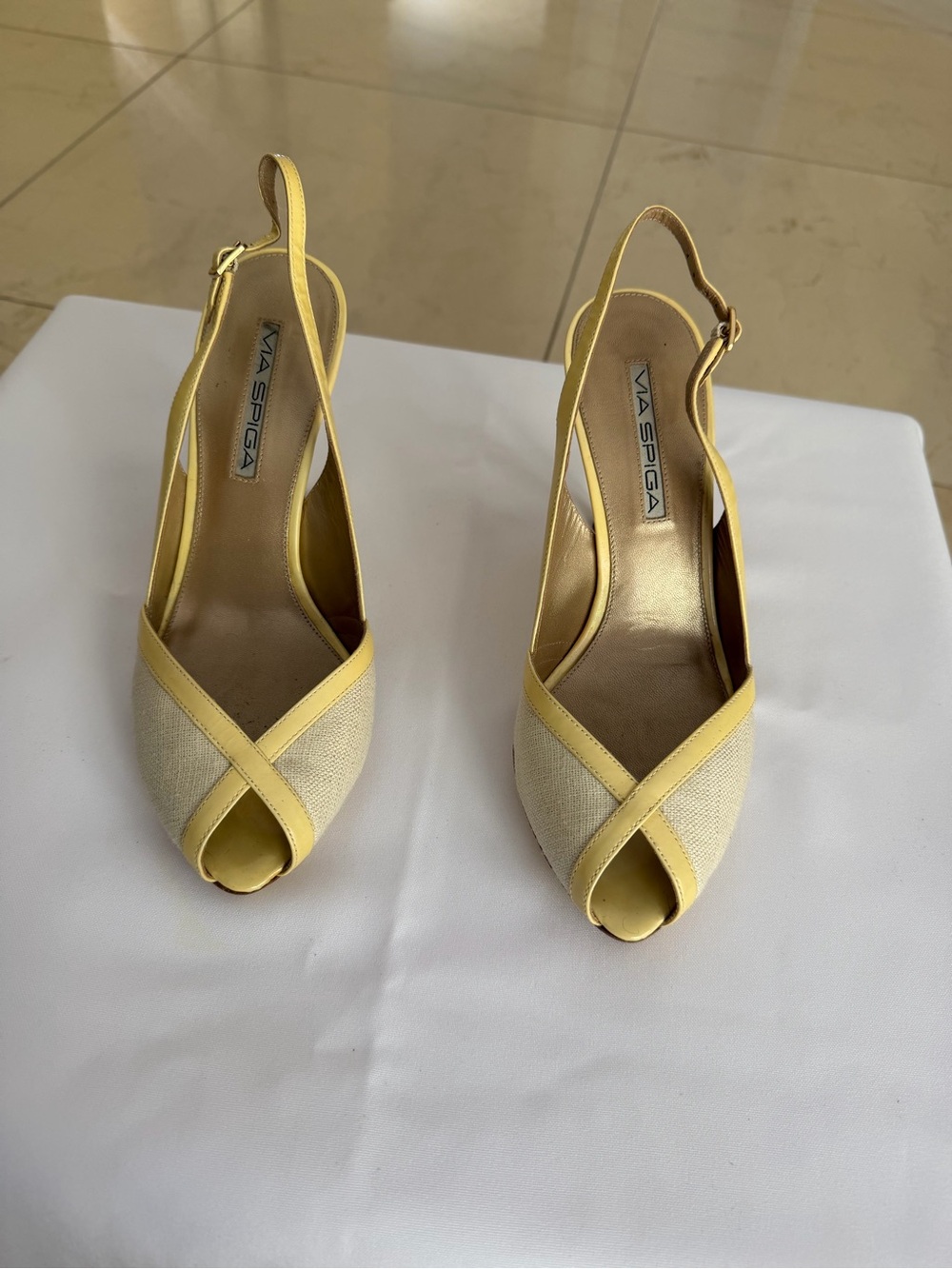 Via Spiga Yellow and Cream Peep-Toe Slingback Heels